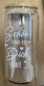 NEU! Glas mit Aufdruck, Deckel und Glasstrohhalm sowie Bürstchen - Bild 1 von 7
