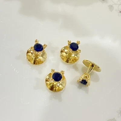 Classy 6mm Sapphire Stud Crown Style Gold Plated Brass Whale Back Mens Cufflinks - Image 1 of 4