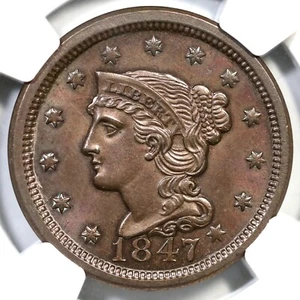 1847 N-32 R-4 NGC MS 63 BN Braided Hair Large Cent Coin 1c - Picture 1 of 5