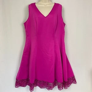 Dressbarn Donna Ricco Dress 16W Fuschia Pink Lace Trim Flare Skirt Going Out NEW - Picture 1 of 15