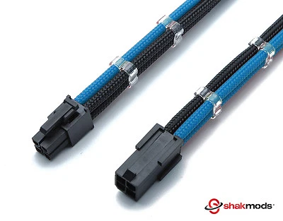 4 Pin 30cm Black Light Blue CPU Mobo Sleeved Extension Shakmods + 2 Cable Combs - Image 1 of 4
