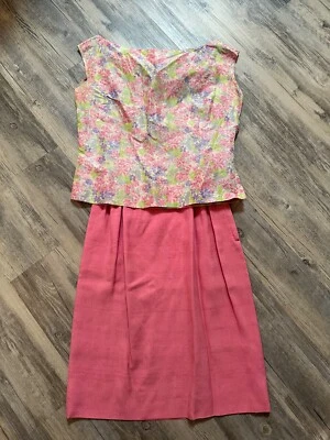 Vtg 60s 70s Skirt Suit Womens Handmade Shirt Pencil Pink Floral See Measurements - Image 1 of 4