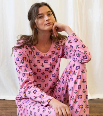 NEW LEVERET LOOSE FIT PAJAMA SET SZ S PINK PURPLE FLOWER POT COTTON KNIT NWT $78 - Image 1 of 4
