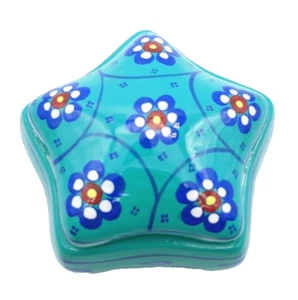 Star Shaped Trinket Box Hand Painted Pottery Teal with Flowers 4" Terracotta - Picture 1 of 8
