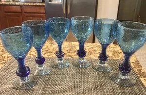 Hand Blown , Set Of 6 Crackle Glass Wine Glasses, Two Tone Blue ,Mexico/Pretty - Picture 1 of 8