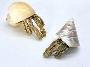 Paar Einsiedler Krabben Figuren echte Muscheln massiv Messing Krebse Augen Krallen Beine - Bild 1 von 7