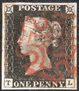 1840 AS5 SG2 1d BLACK PLATE 1b VERY FINE USED 4 LARGE MARGINS RED CROSS (TL) - Imagen 1 de 2