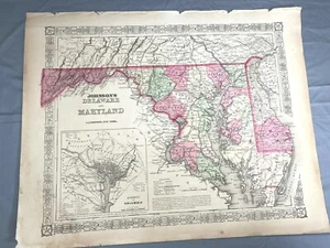 Rare 1855 MARYLAND & DELAWARE Map w/ Colored Counties ~ 18" X 14", Johnson Map - Picture 1 of 9