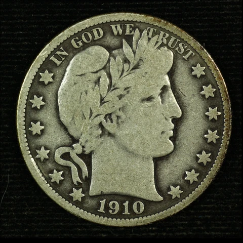 Barber Silver Half Dollar. 1910 P. VG. Lot # 9042-75-115 Cover