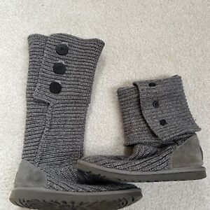 UGG Womens Size 9 Classic Cardy Boots Grey Wool Knit Tall Button Winter