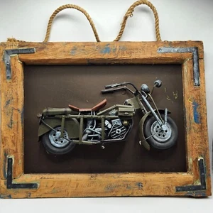 Vtg Rustic Wood Frame Metal Motorcycle 3D Wall Decor Harley Davidson WW2 Style - Picture 1 of 2