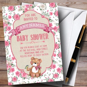 Pink Roses Girls Teddy Bear Picnic Invitations Baby Shower Invitations - Picture 1 of 1