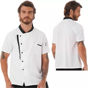 Men Chef Coat Short Sleeve Button Down Chef Jacket Cooking Kitchen Uniform Tops - Picture 1 of 19