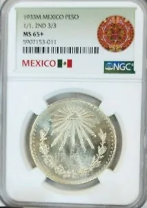 1933 MEXICO SILVER 1 PESO 1/1 2ND 3/3 NGC MS 65+ PQ RARE GEM SCARCE VARIETY - Picture 1 of 4