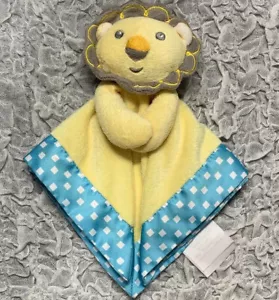 Fisher Price Yellow Plush Lion Aqua Blue Satin Baby Security Blanket EUC - Picture 1 of 5