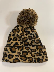 Leopard Print Knitted Cuffed Beanie Pom Cap - Picture 1 of 6
