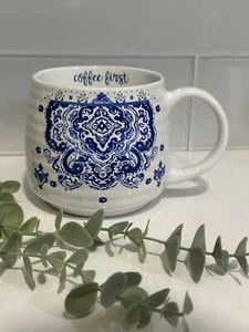 Coffee Mug Patina Vie Blue Flower-Paisley Mug Anthropology Coffee First In Cup - Picture 1 of 8