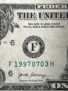 Birthday Anniversary Note July 3 1997 F19970703 Fancy Serial # $1 Dollar Bill - Picture 1 of 3
