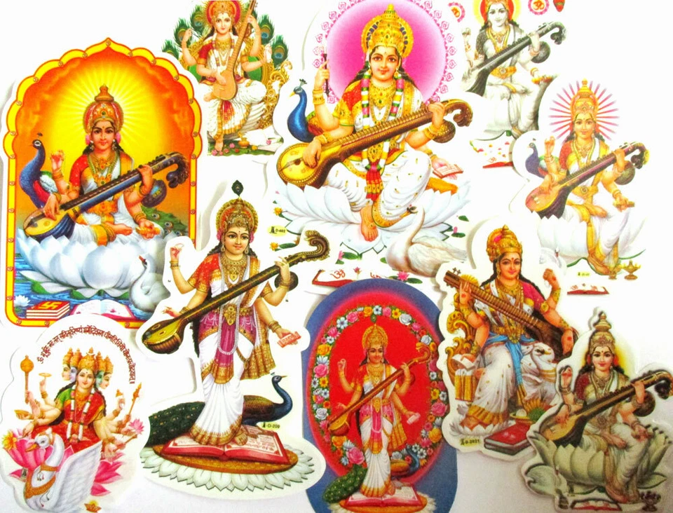 AUFKLEBER SARASWATI Sarasvati Sticker Hinduismus Indien Nepal Pfau Bharati Laute