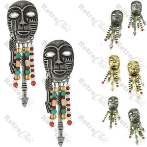 TOPSHOP MASK STUD EARRINGS face AZTEC tribal beads BLACK/VINTAGE SILVER/GOLD PL - Picture 1 of 4
