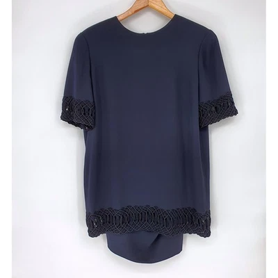 Y2K 2000s Badgley Mischka 海军蓝 2 件套蕾丝装饰衬衫裙套装 14 码 — 第 1/4 张图片