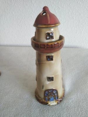 Vintage Lighthouse Tea LIght Holder Glazed Ceramic 20cm red roof - Image 1 of 4