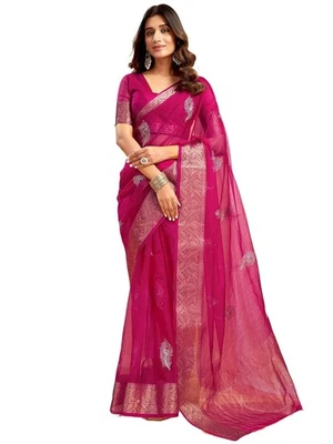 Sari jacquard bordado lentejuelas organza para mujer con pieza blusa sin costuras Foto 1 de 4