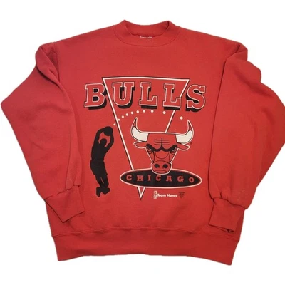 复古 90 年代 Team Hanes 芝加哥公牛队乔丹红色圆领运动衫 尺寸 Lg NBA — 第 1/4 张图片