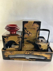 Juego Toso de laca Aizu 6 piezas con caja Jubako pino y grúa dorado Maki-e antiguo - Imagen 1 de 20