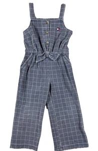 Tommy Hilfiger Pant Romper Girls 5T Blue & White Plaid CUTE Heart Logo Pockets - Picture 1 of 4