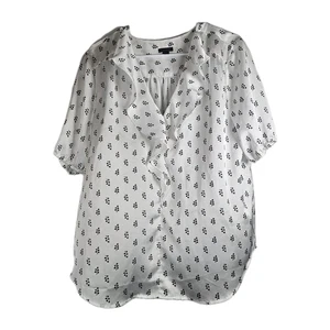 Ann Taylor Floral White Blouse XL Women's Short Sleeve Ruffled V Neck Semi Sheer - Picture 1 of 6