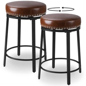 Stools Set of 2 Industrial Counter Height Bar Stools Round 24Inch Swivel Counter - Picture 1 of 8