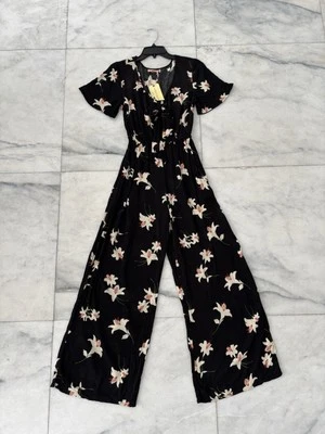 Band Of Gypsies комбинезон черный розовый цветочный широкая нога короткий рукав женщин S новый с Ярлыками - Изображение 1 из 4