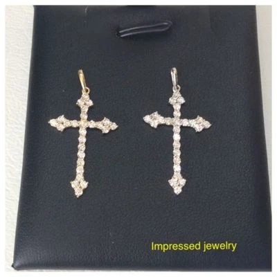 14k-Amarillo-Blanco-Oro Real-Circoni-Cruz-Colgante-Dije-Redondo-Piedras Foto 1 de 4