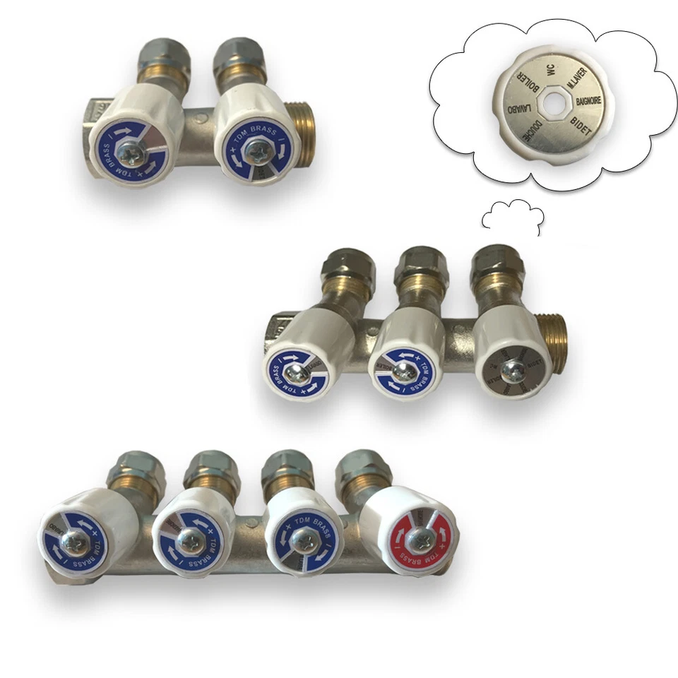 Verteiler Sanitär Messing m.Absperrventilen 16 x 3/4" Rot/Blau, Kalt+Warmwasser - Bild 1 von 4