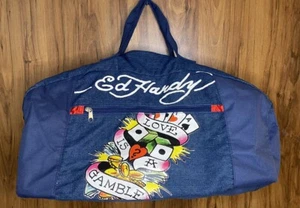 Ed Hardy Love Is A Gamble Denim Overnight  Duffle Bag Blue Tote Missing Strap - Picture 1 of 24