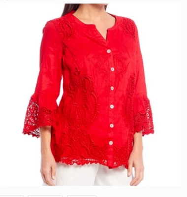 NWT John Mark $129 Scottsdale Classic Red LINEN/LACE Blouse Tunic S Bell Sleeves - Image 1 of 4