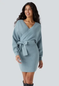 NWT Halara Women's Long Sleeve Mini Sweater Dress Medium Blue Crisscross Bodycon - Picture 1 of 8