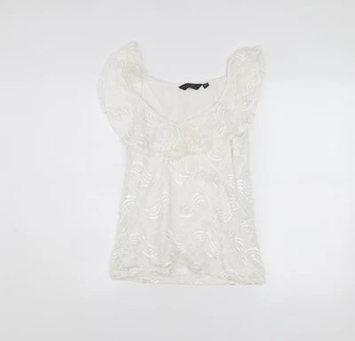Blusa Dorothy Perkins Mujer Blanca Encaje Reino Unido 10 Cuello Redondo Manga Acampanada Foto 1 de 4