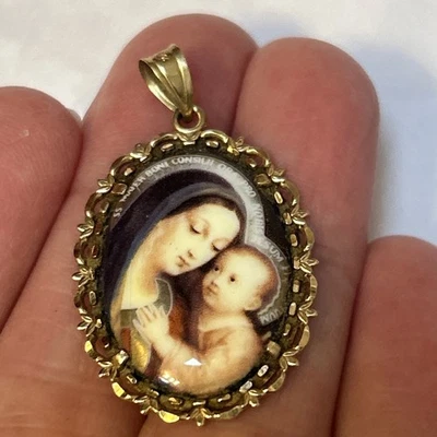 Colgante Oro 14k Miguel Antonio Virgen María Niño Jesús Retrato Foto 1 de 4