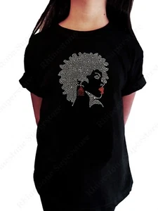 Girls Rhinestone T-Shirt Afro Girl w/ Red Earrings and Lipstick in Size 3 to 14 - Picture 1 of 2