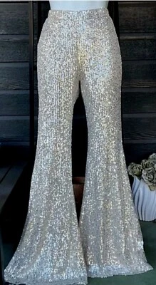 Fashion Nova~Silver Sequin~Gala Glam~Palazzo Wide Pants~XL~Elastic Waist~33"insm - Image 1 of 3