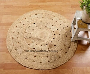 Tappeto Fatto a Mano Intrecciato Pavimento in Iuta Naturale Tessuto Rotondo Tappetino Reversibile 97 cm - Foto 1 di 3
