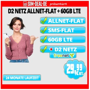 📶 Handytarif D2 Vodafone ALLNET-FLAT + SMS FLAT 60 GB LTE 29,99 mtl SIM ONLY ✔️ - Bild 1 von 1