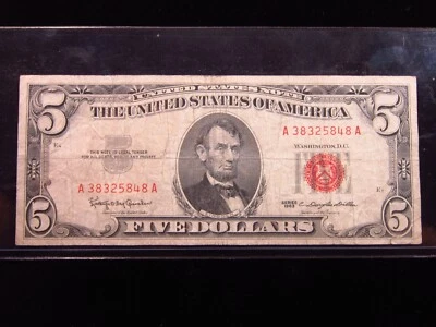 USA $5 1963 A38325848A # UNITED STATES Note RED Seal LINCOLN Bill Dollar Money - Image 1 of 2