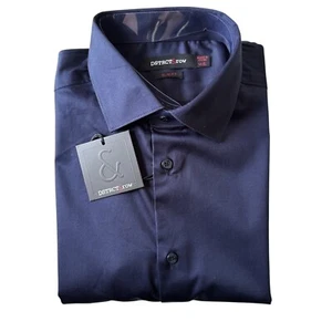 DSTRCT & Row Slim Fit Dress Shirt Navy Size M Wrinkle-Free Long Sleeve Button Up - Picture 1 of 9