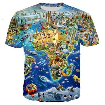 Women Men T-Shirt 3D Print Short Sleeve Tee Tops World Map And Animals Casual - Image 1 of 2