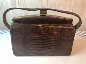 Bolso de Mano Vintage Piel de Reptil Riviera Marrón Tono Dorado Mediados de Siglo Lagarto - Imagen 1 de 10