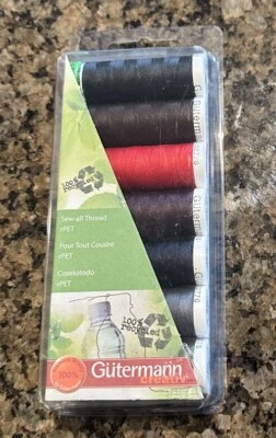 Gutermann Sew-All Polyester Thread Set 7 Spools Black Red Blue Purple Brown Gray - Image 1 of 3