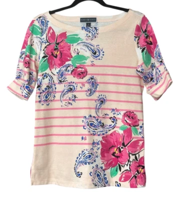 Karen Scott Top Womens Size S Paisley Floral Cuffed Short Sleeve Split Hem Shirt - Image 1 of 4